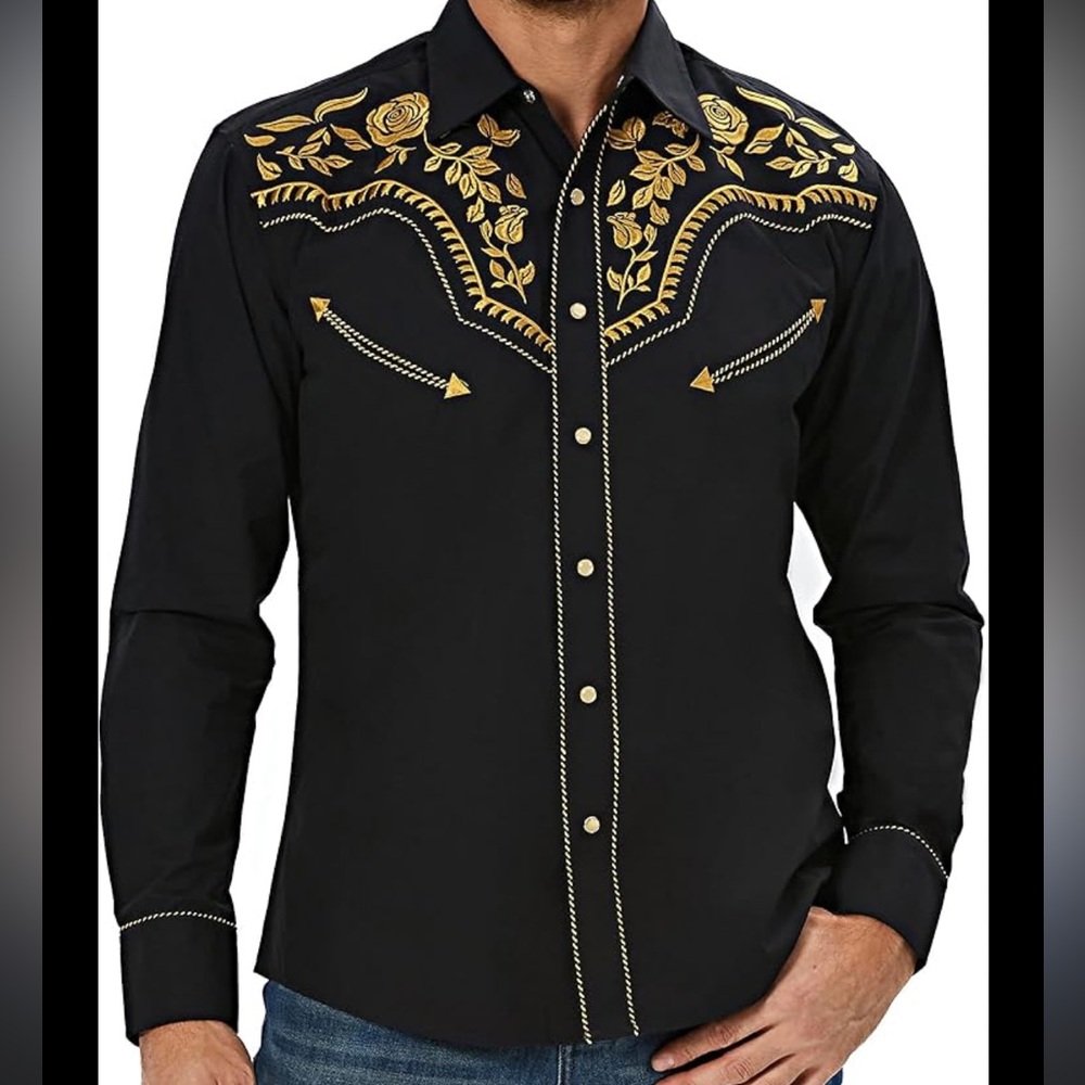 Men's Black Western Embroidered Button-Down Shirt with Gold Floral Yoke